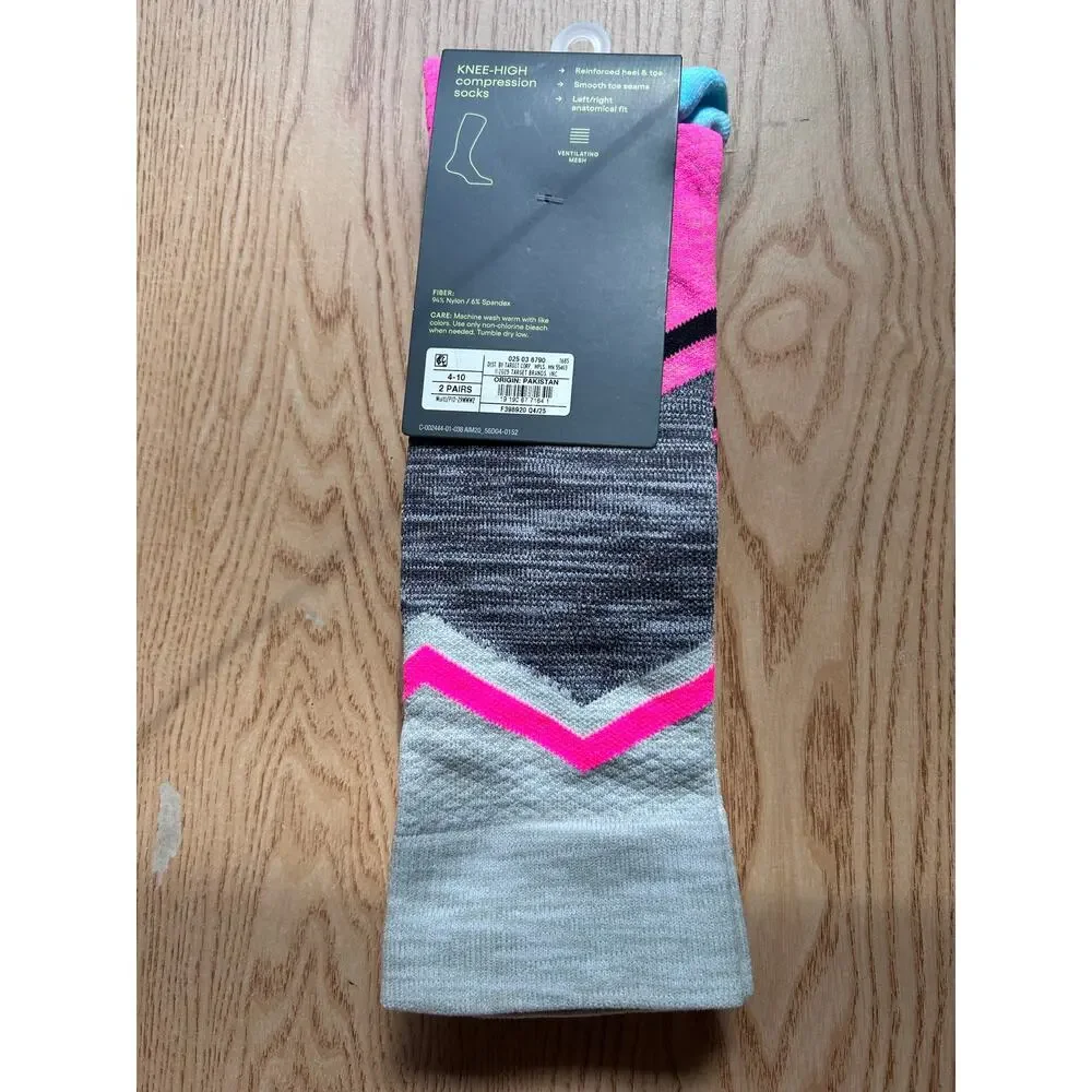 New Unisex All in Motion 2 Pairs Compression Knee High Socks Shoe size 4-10